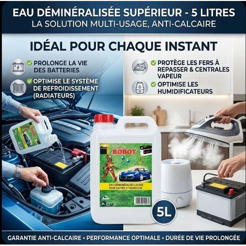 Eau Déminéralisée ROBOT 5L - Multi-Usage Maison & Auto - Anti-Calcaire pour Fer à Repasser, Centrale Vapeur et Humidificateur