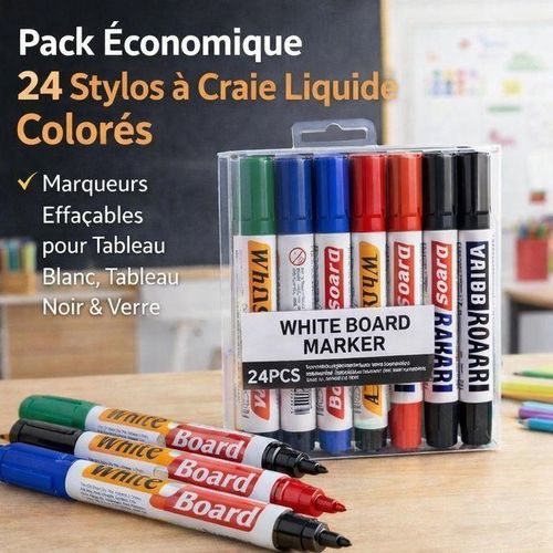 Pack Économique 24 Stylos Craie Liquide Colorés – Marqueurs Effaçables pour Tableau Blanc, Tableau Noir, Verre – Idéal École, Enfants, Bureau & Commerce