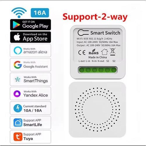 Tuya 2 pcs Mini Intelligent WiFi Switch 16A Support 2-Way DIY CommutateursSmart Life Control, Alexa /Google Alice