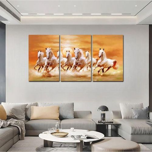Tableau Triptyque 3 Panneaux Chevaux Blancs au Coucher de Soleil – Décoration Murale Canvas pour Salon