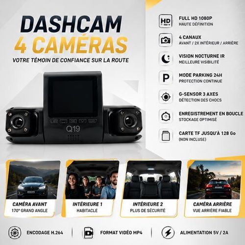 Dashcam Voiture 4 Caméras Full HD 1080P WiFi – Surveillance 360°, Vision Nocturne et Mode Parking