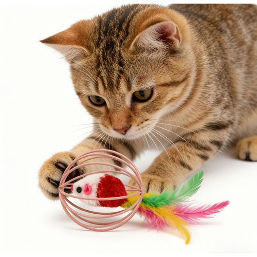 Jouet pour chat en forme de cage à souris avec queue en plume artificielle et balle auto-divertissanterose