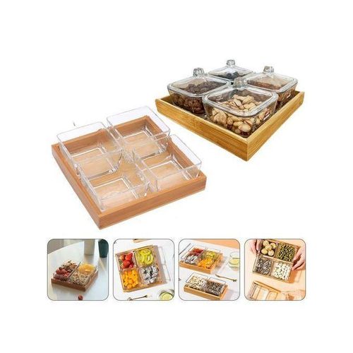 4 Assiettes en Verre avec couvercles + Plateau en Bois, Boîte de Fruits 4 Grille