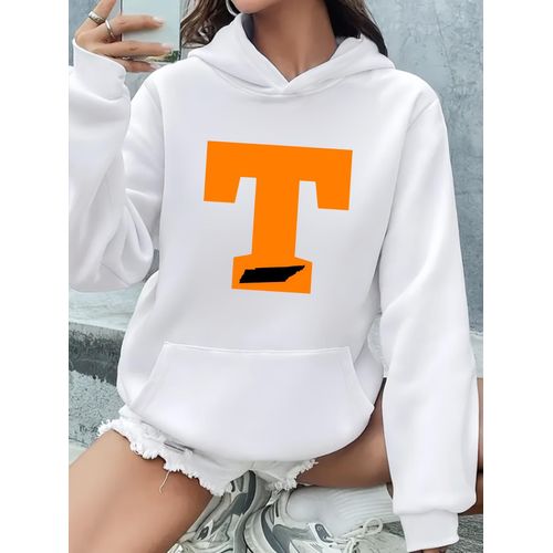 Sweat à capuche unisexe décontracté en polyester avec imprimé lettre T orange, pull en tricot avec poche, légèrement extensible, confort toutes saisons - 100 % polyester