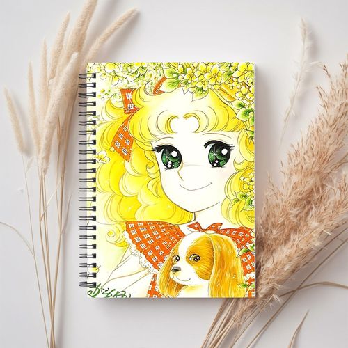 Carnet A5 à spirale, motif floral fantaisie, chien mignon et fleurs - Personnage aux cheveux jaunes vifs, yeux verts et nœud papillon rouge - Parfait pour les journaux, l'école, le bureau ou comme cadeau, carnet mignon