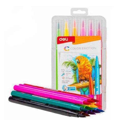 Boîte 12 feutres Color Emotion pointe pinceau 10-80mm 12 couleurs pointe douce pour le dessin et effet pinceau pour la peinture