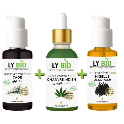 PACK HUILE CADE 50ML - POMPE + HUILE HYDRATANTE & NUTRITIVE 50ML - PIPETTE + HUILE NIGELLE 50ML - POMPE