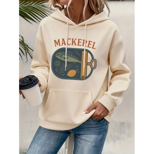 Sweat à capuche confortable pour femme, décontracté avec motif de boîtes de poisson vintage, style pull à cordon de serrage