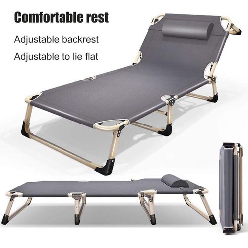 Lit de Camp Pliant 2 en 1 avec Dossier Inclinable - Chaise Longue Relax Ergonomique à 4 Niveaux avec Coussin Confortable et Tissu Textilène Respirant, Lit d'Appoint Robuste pour Camping, Jardin, Bureau et Plage