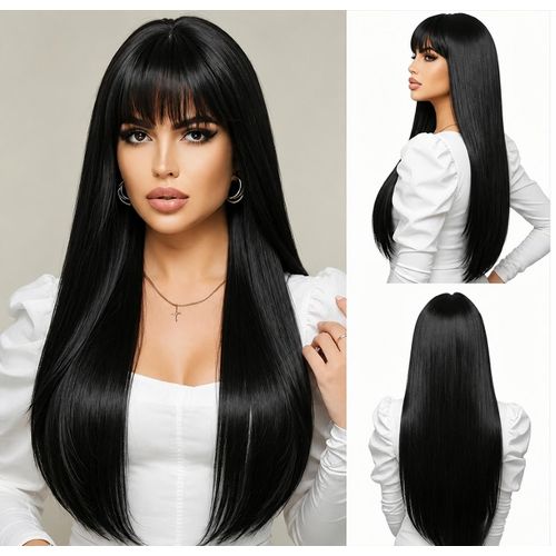 Perruque Longue Lisse Noire avec Frange – Cheveux Synthétiques Premium, Aspect Naturel