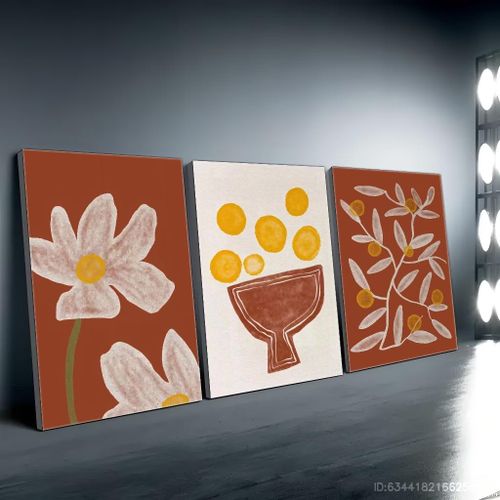 Tableau Mural Art Abstrait Boho Botanique Fleurs, Agaves et Coupe de Fruits Terracotta et Jaune Moutarde 3 Pièces 60 x 40 cm - Toile Canvas HD - Style Boho Terracotta & Warm Minimalist Art - Décoration Salon Chambre Bureau - Châssis en Bois