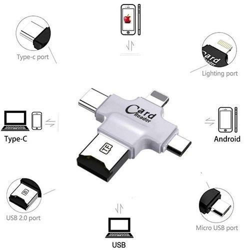 lecteur carte Otg 4 en 1 Soutien FAT32 exFAT microSD microSDHC microSDXC pour iPhone PC Mac USB microUSB Foudre Type C