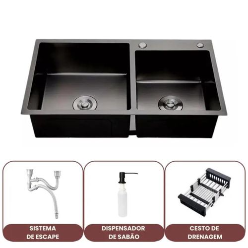 حوض مطبخ مزدوج مصنوع يدويًا باللون الأسود 80 سم / 45 سم