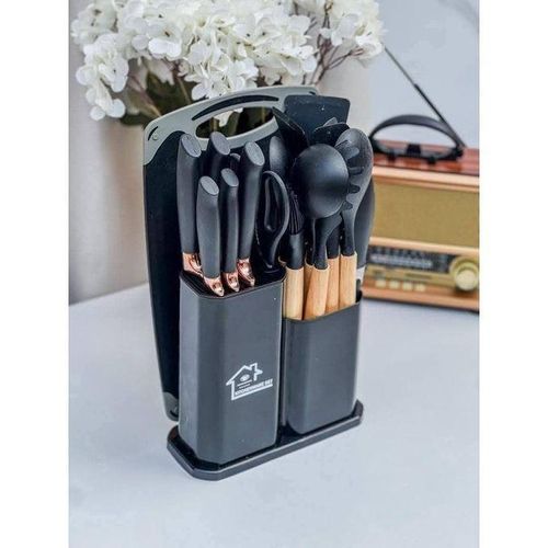 Pack Complet d'Ustensiles de Cuisine Noir & Bois - Design Moderne et Ergonomique