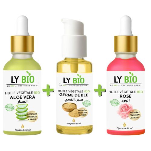 PACK HUILE ALOE VERA 50ml - PIPETTE + HUILE GERME DE BLE 50ML - POMPE + HUILE ROSE 50ml - PIPETTE