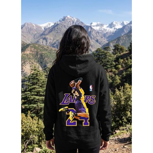 Sweat à capuche noir, 1 pièce uniquement, motif joueur de basketball au dos, couleurs violet et jaune, style sport urbain
