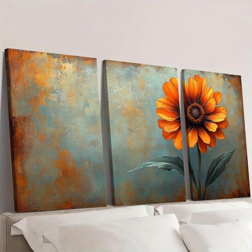 Tableau Mural Art Floral Rustique & Vintage Fleur Tournesol / Marguerite Orange et Fond Texturé Rouille 3 Pièces 60 x 40 cm - Toile Canvas HD - Style Rustic Vintage & Industrial Oil Painting - Décoration Salon Chambre Bureau - Châssis en Bois