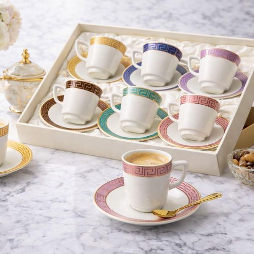 طقم أكواب قهوة بورسلان مع صحون – 6 ألوان بزخرفة ذهبية