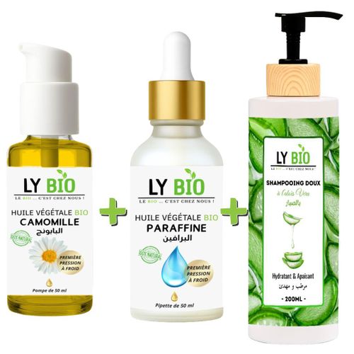 PACK HUILE CAMOMILLE 50ML - POMPE HUILE PARAFFINE 50ML - PIPETTE SHAMPOOING ALOE VERA 200ML