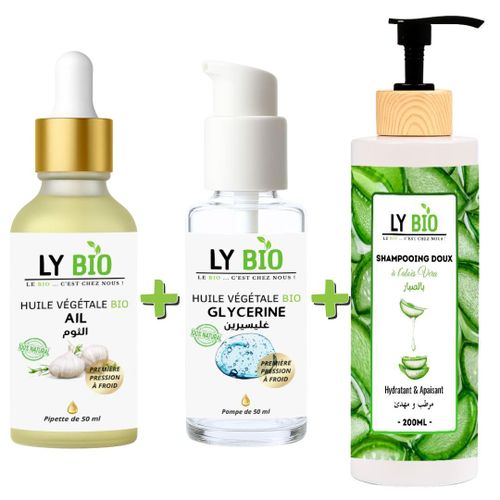 PACK HUILE AIL 50ML - PIPETTE + HUILE GLYCERINE 50ml - POMPE + SHAMPOOING ALOE VERA 200ML