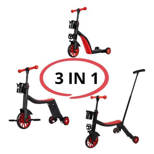 سكوتر أطفال 3 في 1 قابل للتحويل إلى دراجة ثلاثية ودراجة توازن وسكوتر بثلاث عجلات مع مقعد وبدالات قابلة للإزالة ومقبض دفع بتصميم من البلاستيك والمعدن باللونين الأسود والأحمر