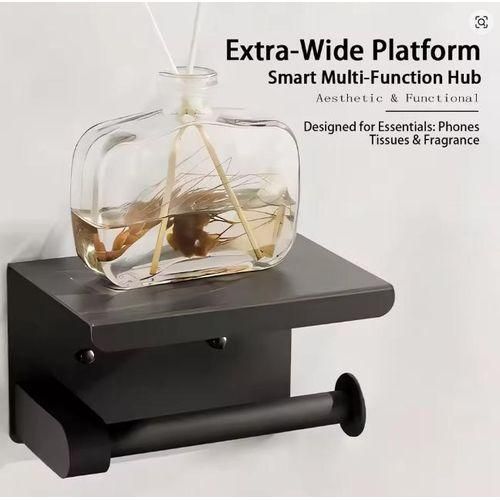 امل ورق المرحاض العصري 2 في 1 - مع رف للهاتف والديكور - ألومنيوم مقاوم للصدأ - أسود ملكي مطفي