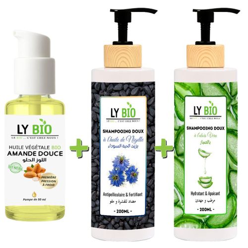 PACK HUILE AMANDE DOUCE 50ml - POMPE + SHAMPOOING A L'HUILE DE NIGELLE 200ML + SHAMPOOING ALOE VERA 200ML