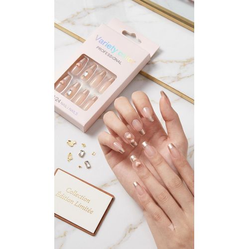 Faux Ongles – French Manucure Moderne, Décors Nœuds 3D + autocollant 2 face