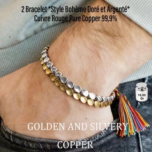 19,00Gr 2 Bracelet en Cuivre Rouge Pure *Style Bohème Doré et Argenté* Cuivre 99,9% Réglable, Magnétique Médical d'Énergie & Nickel Free-Unisexe et Résistant à l’Oxydation, Ultra Strength Bon Cadeau *19,00 Gr*
