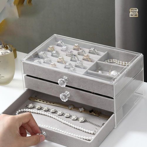 Boite a Bijoux pour Femme Acrylique Rangement Bijoux 3 Couches en Velours Boîte à Bijoux, Coffret Bijoux Organisateur Bijoux Réglables, Boîte de Stockage pour Colliers Bagues Bracelets (Gris), 23,5 x 13,5 x 10,5 cm.
