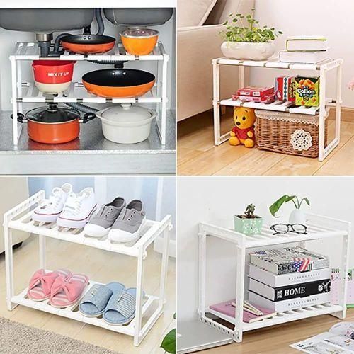 Etagère de Rangement sous Evier, Organisateur de Cuisine Extensible 2 niveaux en Acier Inoxydable et Plastique