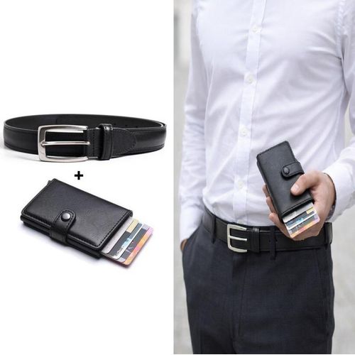 حزام جلدي للبنطلون + محفظة مضادة لسرقة البيانات، هدية للرجال