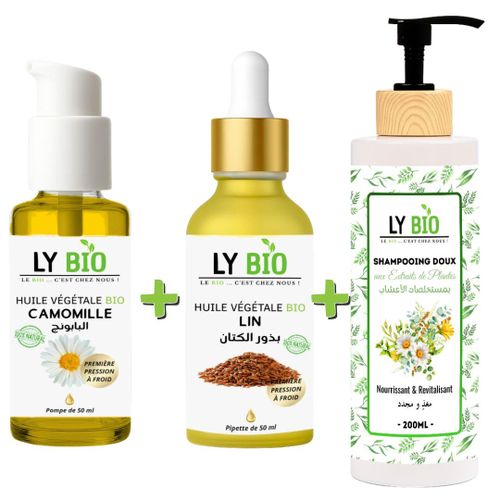 PACK HUILE CAMOMILLE 50ML - POMPE HUILE LIN 50ML - PIPETTE SHAMPOOING AUX EXTRAITS DE PLANTES 200ML
