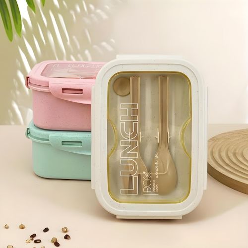 Boîte à repas - Lunch Box à 3 compartiments pour adultes et adolescents, couverts intégrés, idéale pour une alimentation équilibrée nomade, couleur Beige