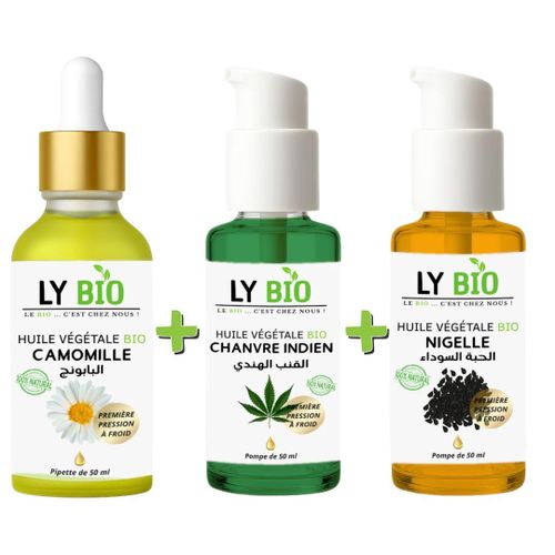 PACK HUILE CAMOMILLE 50ML - PIPETTE + HUILE HYDRATANTE & NUTRITIVE 50ML - POMPE + HUILE NIGELLE 50ML - POMPE