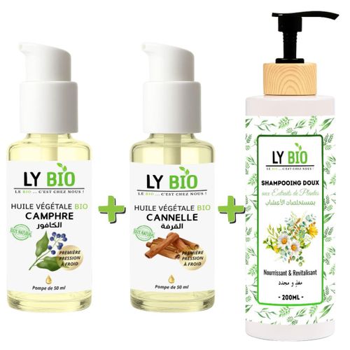 PACK HUILE CAMPHREE 50ML - POMPE + HUILE CANNELLE 50ML - POMPE + SHAMPOOING AUX EXTRAITS DE PLANTES 200ML