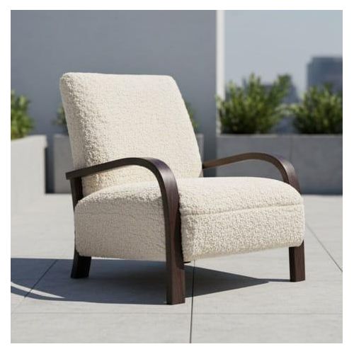 كرسي استرخاء تصميم بوكل أبيض - أرجل ومسند ذراع خشبية