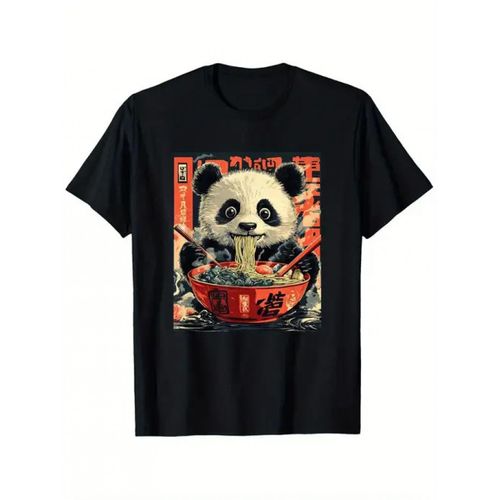 T-shirt Anime Adorable Kawaii Panda Goûteur de Ramen pour Hommes et Femmes - Comprend des Inscriptions Japonaises et des Lettres Rouges, T-shirt Noir Décontracté et Confortable avec des Symboles Japonais, Haut à Manches Courtes et Col Rond Idéal pour le