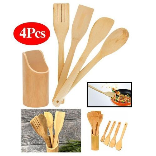 Lot de 4 Cuillères et Spatules en Bois avec Support – Écologique, Durable et Pratique
