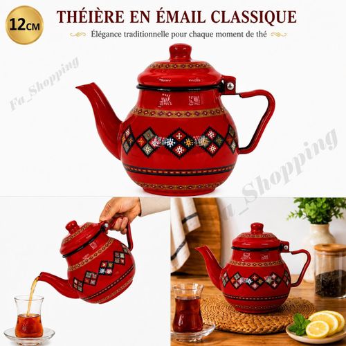Théière en Émail Classique 12 cm – Bouilloire avec Motifs Traditionnels– Service à Thé Élégant