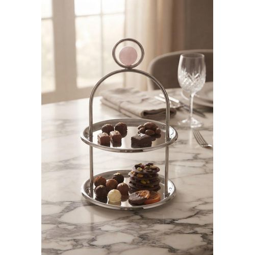 Serviteur / Présentoir à 2 Niveaux en inox 18 crt haute gamme lourd avec Ornement Rose – Élégance & raffinement -H 32 cm/15,5 cm