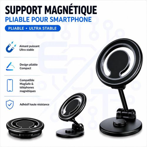 Support Magnétique Pliable pour Smartphone Voiture – Rotation 360° – Fixation Tableau de Bord – Compatible MagSafe & Téléphones Magnétiques