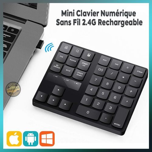 Mini Clavier Numérique Sans Fil 2.4G Rechargeable – 35 Touches, Pavé Numérique Silencieux, USB Nano Receiver, Compatible Windows / Mac / Android