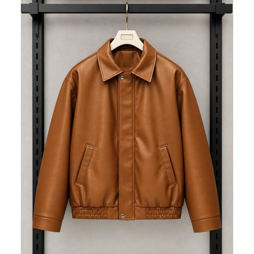 Veste Homme Bomber en Simili Cuir Marron – Blouson Élégant à Col Chemise avec Poches