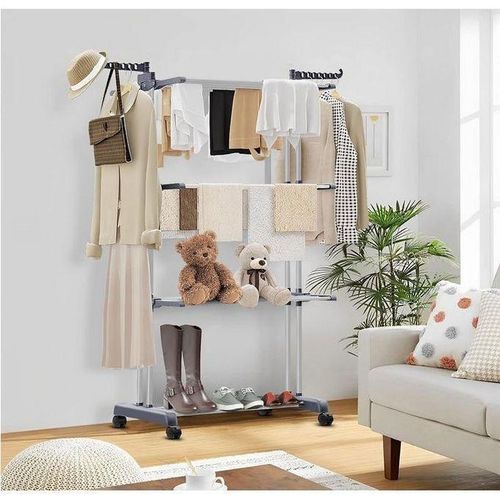 Cintre Pliant pour Sèche-Linge, Étendoir à Linge 3 Niveaux, Support de Séchage Pliable avec Roues, Séchoir Mobile Intérieur Extérieur, Support Multifonction pour Vêtements