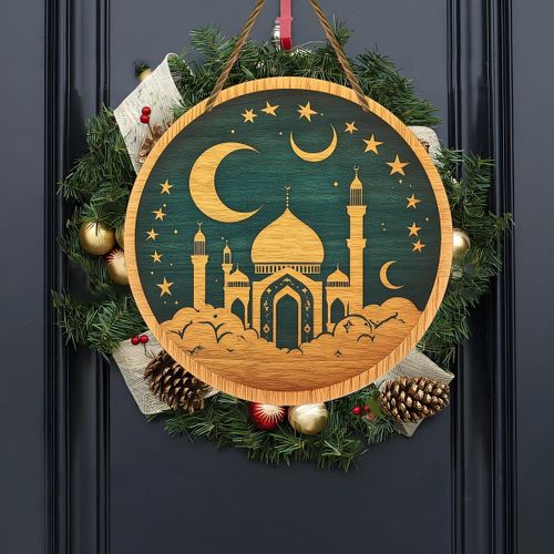1pc Plaque Décorative en Bois de Style Bohémien pour Ramadan - Art Mural Vintage avec Motifs Islamiques pour la Maison & le Salon, Idéal pour les Célébrations de Fêtes, Décoration Islamique pour la Maison