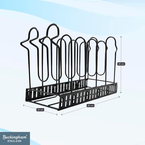 منظم أواني الطهي والمقالي من المعدن المطلي باللون الأسود مع فواصل قابلة للتعديل – لتخزين متعدد الاستخدامات في المطبخ والمخزن