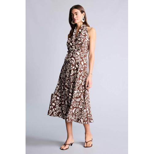 Robe midi sans manches en mélange de lin imprimé Coupe évasée col halter