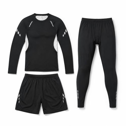 Ensemble de Sport Homme 3 Pièces – Haut Manches Longues, Collant de Compression et Short Noir