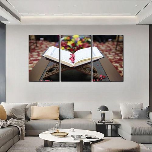 Tableau Triptyque 3 Panneaux – Livre Ouvert sur Support en Bois Sculpté avec Pétales de Roses, Décoration Murale Spirituelle Élégante